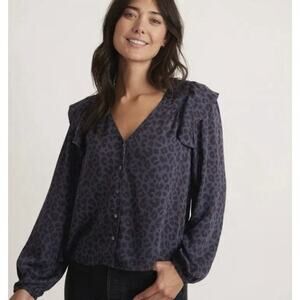 Marine Layer Rory Long Sleeve Ruffle Blouse Blue Cheetah Top Women’s Size Small